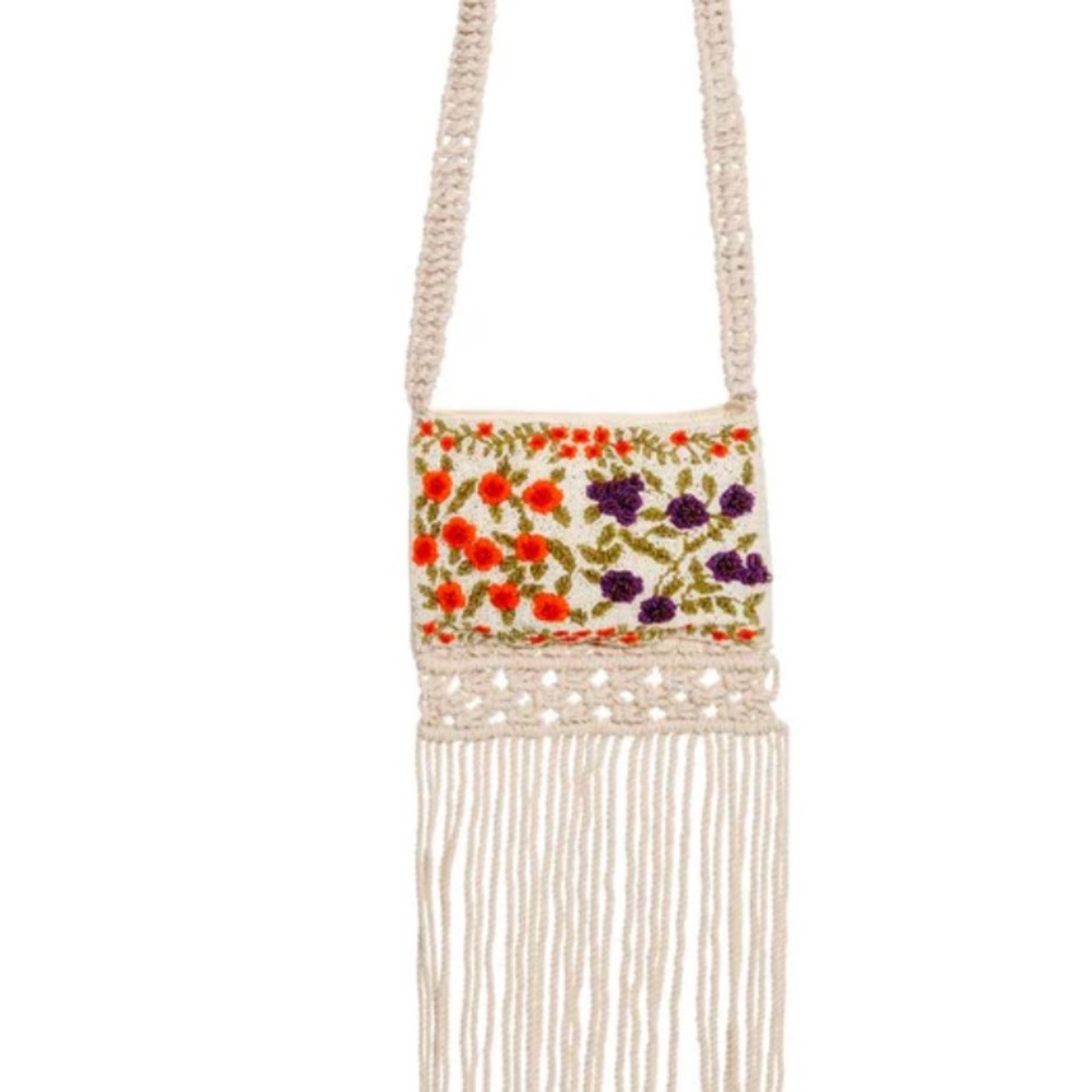 Agua Bendita Cream and Red Crossbody Bag with Fringe